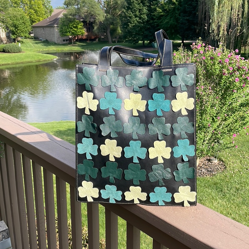 Black Faux Leather Tote Bag with Suede and Leather Shamrock Appliqués